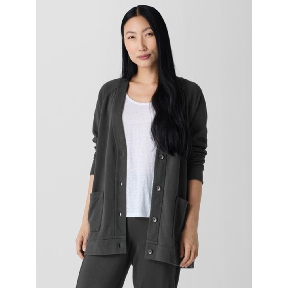 Eileen Fisher Womens Garment-Dyed Terry Long Cardigan Washed Black Size S NWOT
